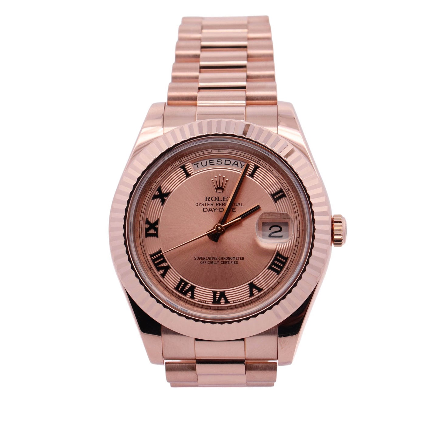 Rolex Day-Date Rose Gold 41mm Pink Roman Dial Watch Reference# 218235 - Happy Jewelers Fine Jewelry Lifetime Warranty