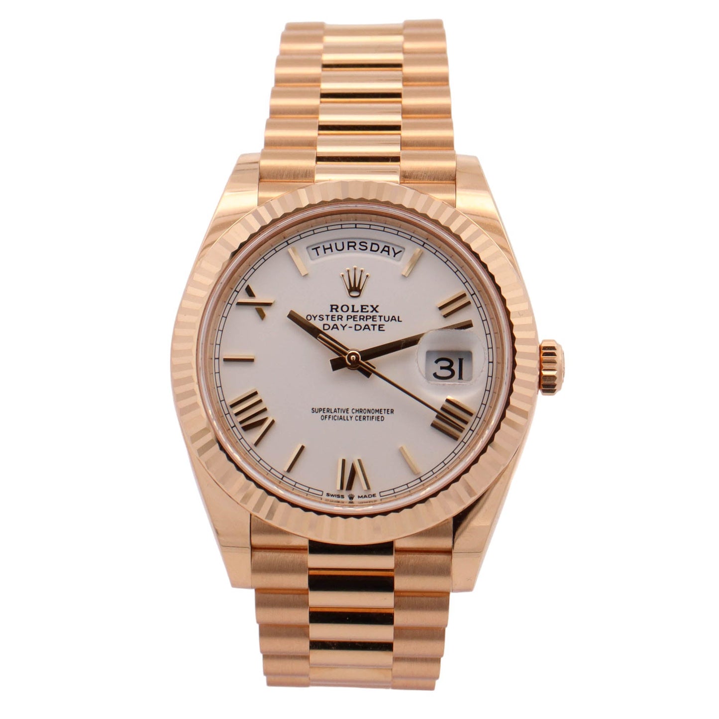 Rolex Day-Date Rose Gold 40mm White Roman Dial Watch Reference# 228235 - Happy Jewelers Fine Jewelry Lifetime Warranty