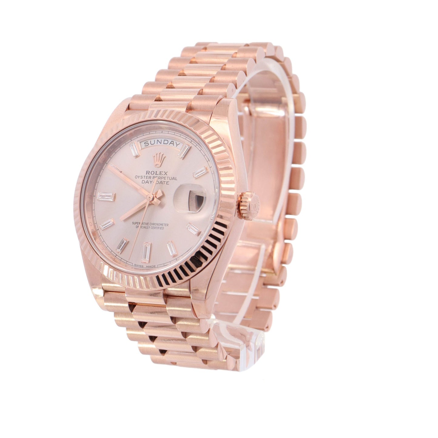 Rolex Day-Date Rose Gold 40mm Sundust Baguette Diamond Dial Watch Reference #: 228235 - Happy Jewelers Fine Jewelry Lifetime Warranty