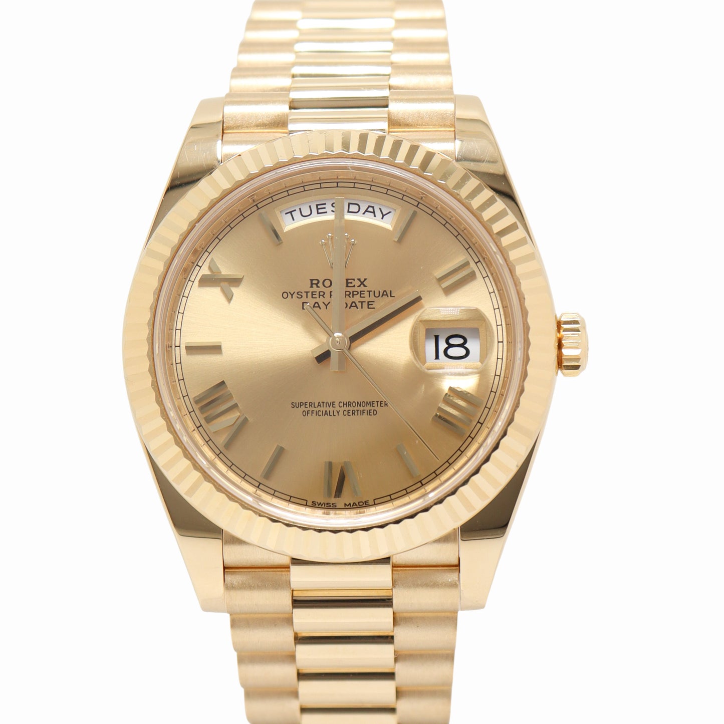 Rolex Day-Date Yellow Gold 40mm Champagne Roman Dial Watch Reference# 228238 - Happy Jewelers Fine Jewelry Lifetime Warranty