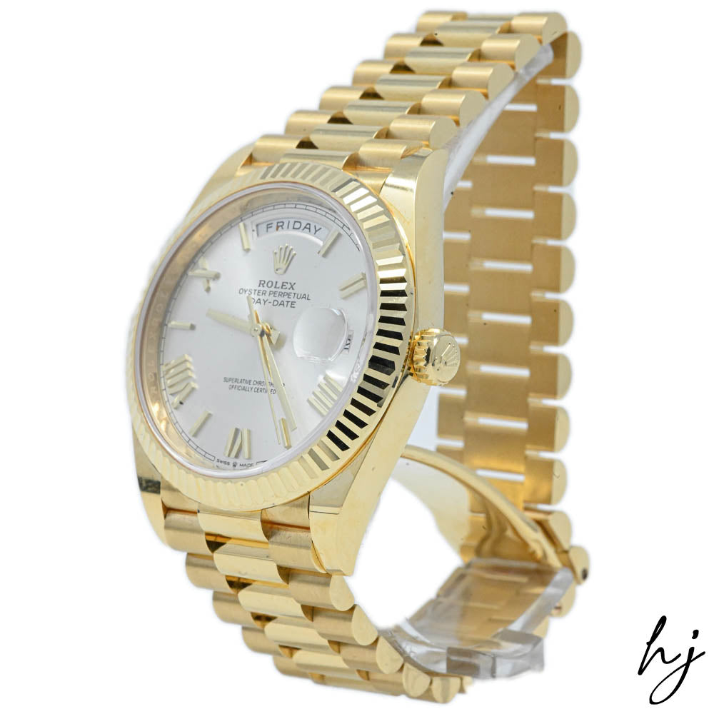 Rolex Men's Day-Date 18K Yellow Gold 40mm Silver Roman Dial Watch Reference #: 228238 - Happy Jewelers Fine Jewelry Lifetime Warranty