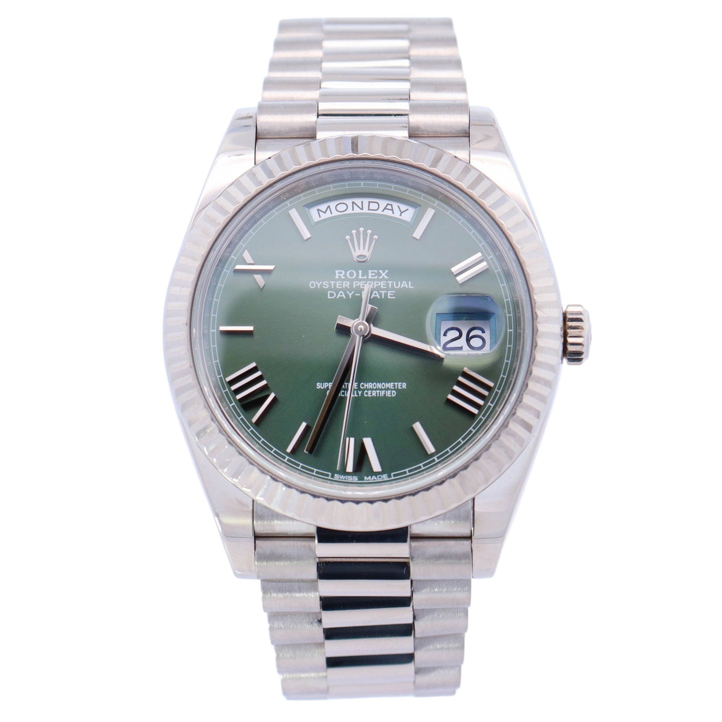 Rolex Day-Date White Gold 40mm Olive Roman Dial Watch Reference# 228239 - Happy Jewelers Fine Jewelry Lifetime Warranty