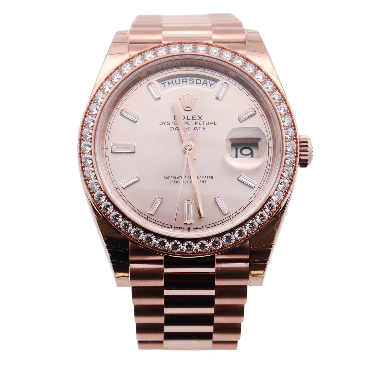 Rolex Day-Date Rose Gold 40mm Sundust Baguet Diamond Dial Watch Reference# 228345RBR - Happy Jewelers Fine Jewelry Lifetime Warranty