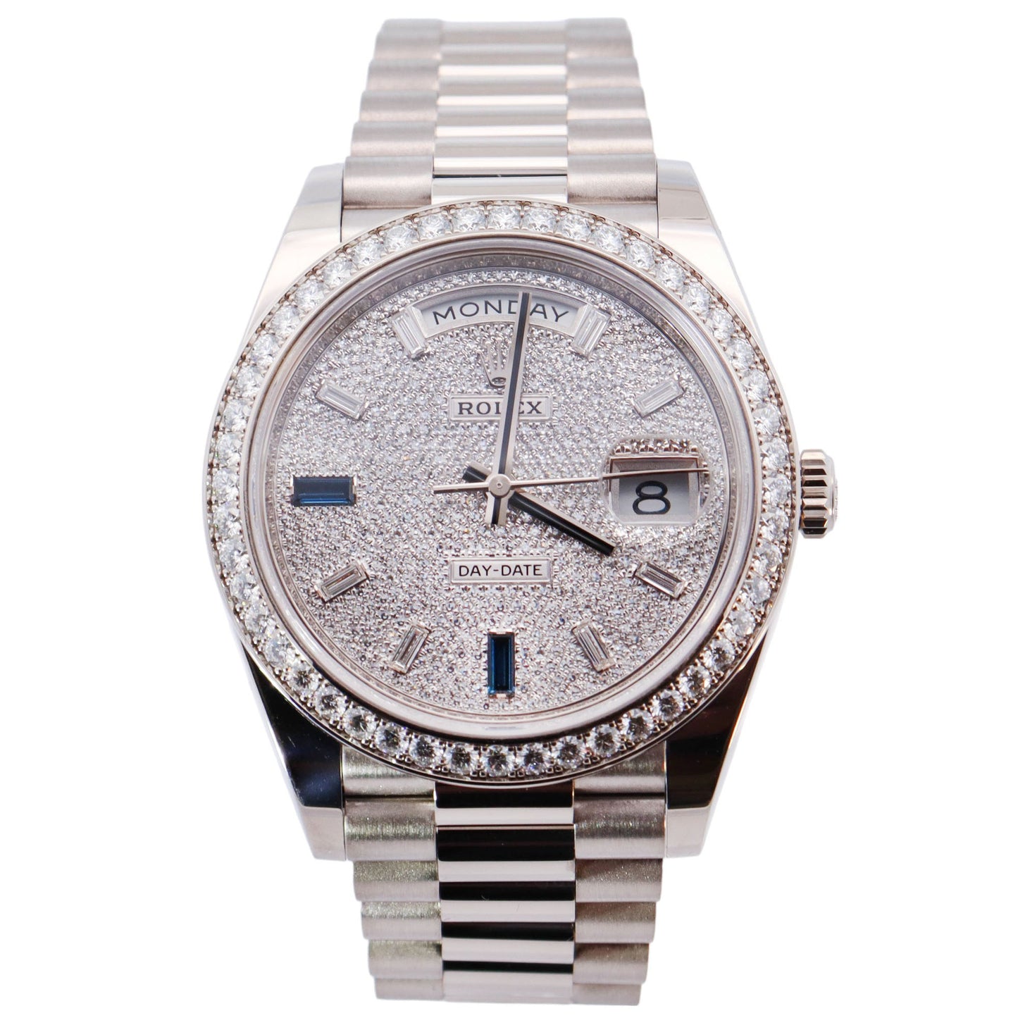Rolex Day-Date White Gold 40mm Factory Diamond Bezel Pave Sapphire Dial Watch Reference# 228349RBR - Happy Jewelers Fine Jewelry Lifetime Warranty