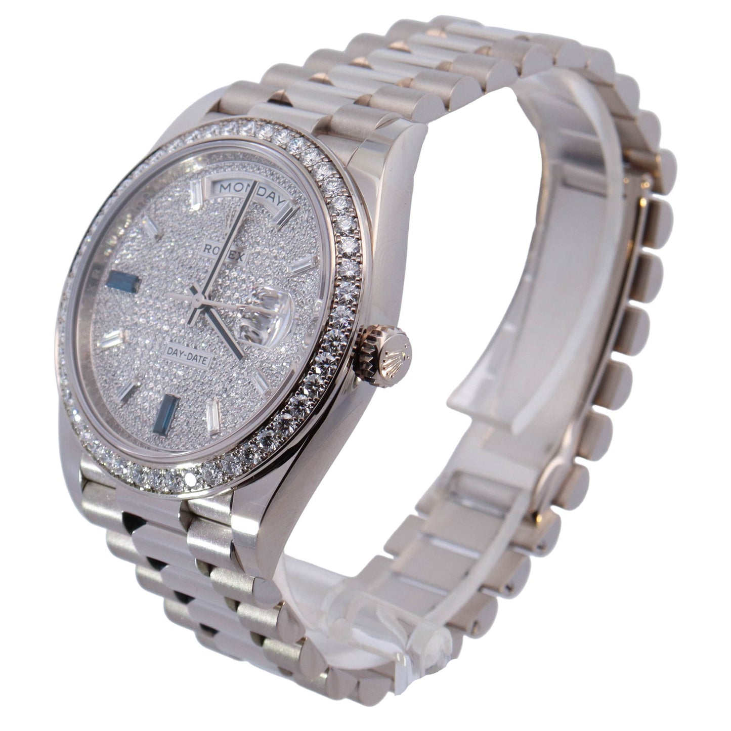Rolex Day-Date White Gold 40mm Factory Diamond Bezel Pave Sapphire Dial Watch Reference# 228349RBR
