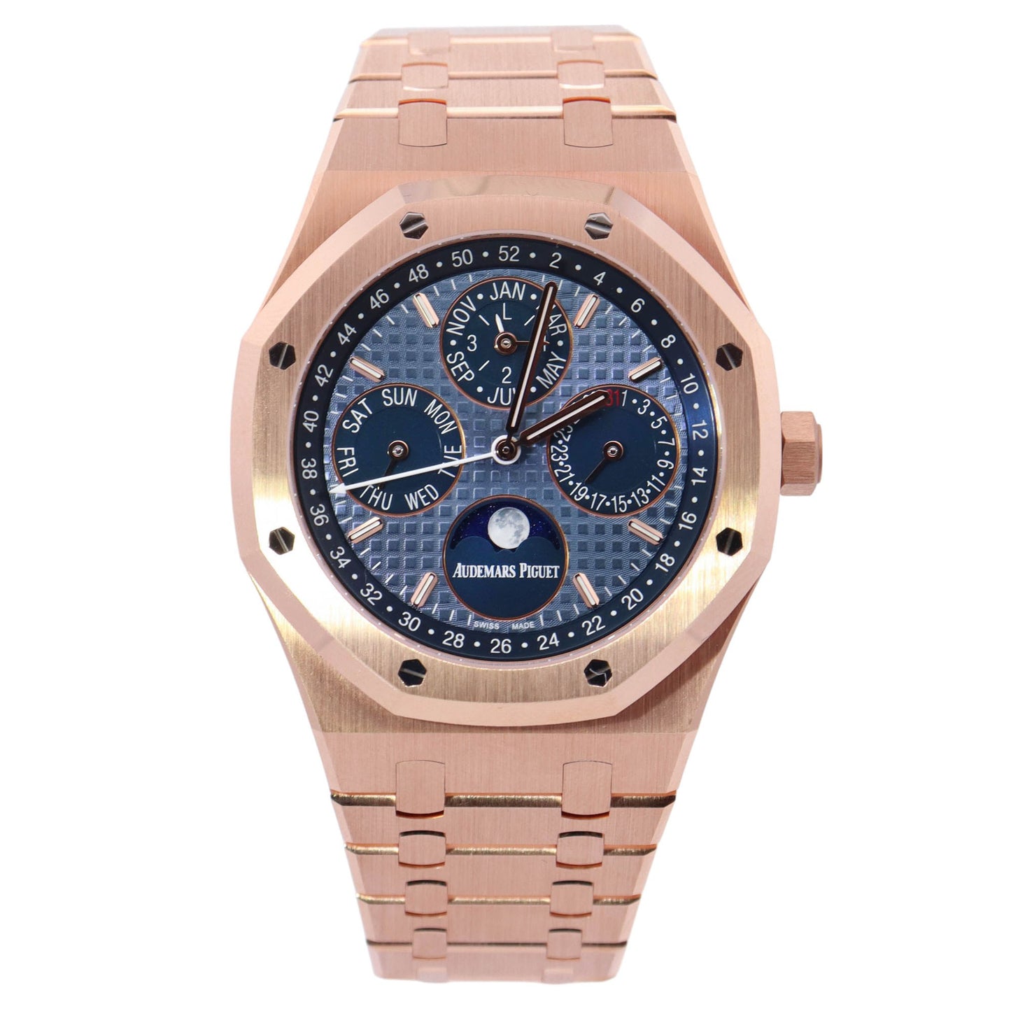 Audemars Piguet Royal Oak Perpetual Calendar Rose Gold 41mm Light Blue Stick Dial Watch Reference# 26574OR.OO.1220OR.03 - Happy Jewelers Fine Jewelry Lifetime Warranty