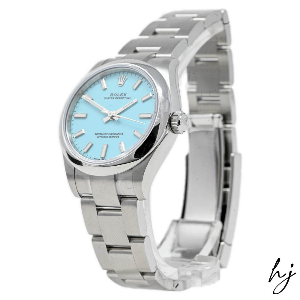 Rolex Ladies Oyster Perpetual Stainless Steel 31mm Tiffany Blue Stick Dial Watch Reference #: 277200 - Happy Jewelers Fine Jewelry Lifetime Warranty