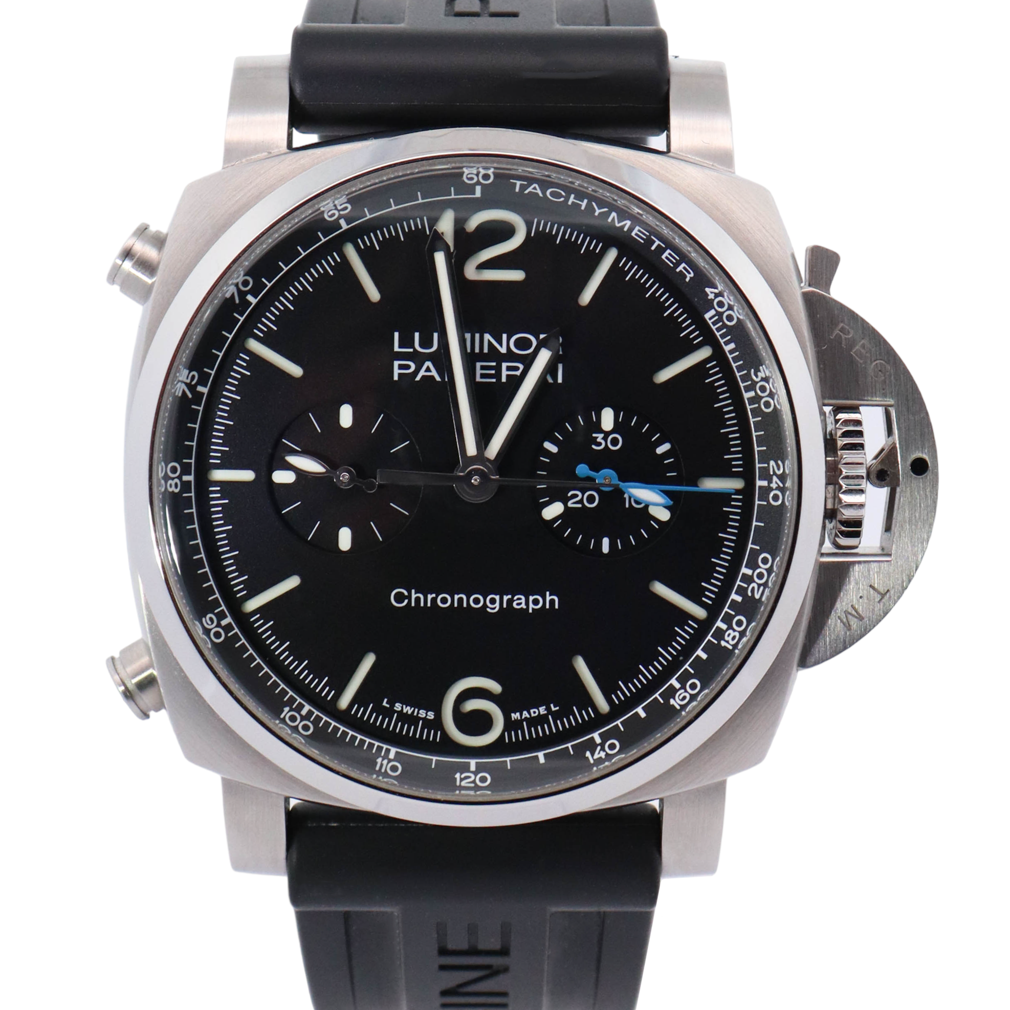 Panerai Luminor 44mm Brushed Steel Black Chronograph Watch Reference# PAM01109 - Happy Jewelers Fine Jewelry Lifetime Warranty