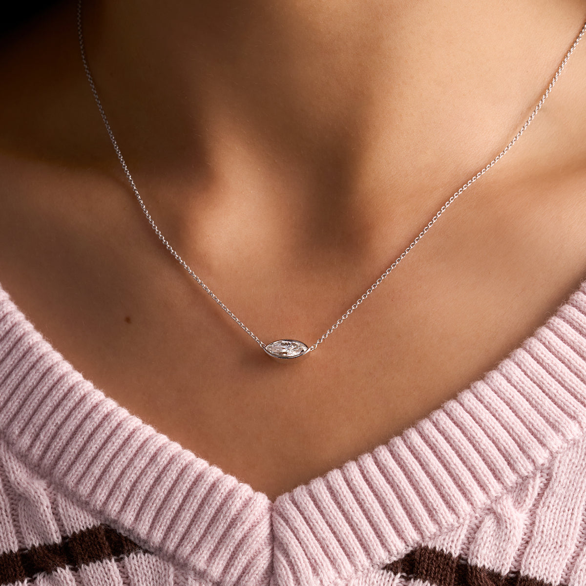 East-West Lab Diamond Marquise Bezel Pendant Necklace