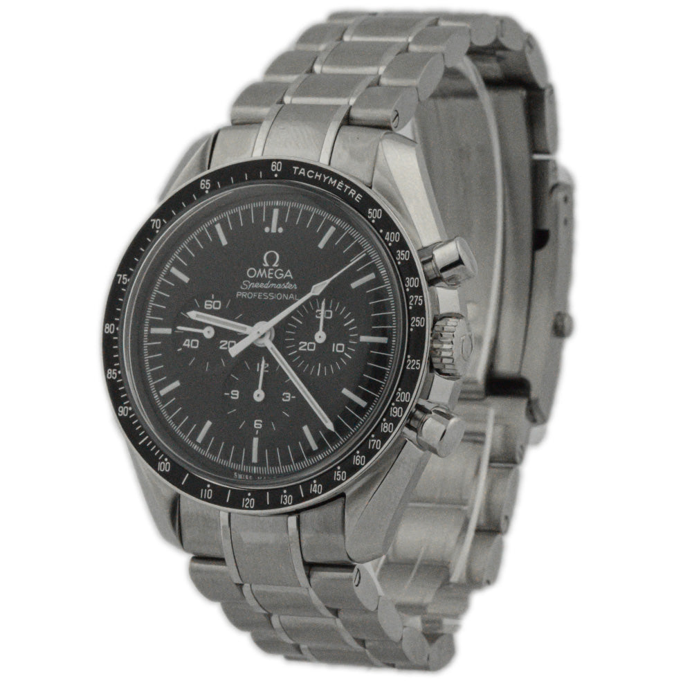 Omega Mens Speedmaster Moonwatch Stainless Steel 42mm Black Chronograph Stick Dial Watch Reference #: 311.30.42.30.01.005 - Happy Jewelers Fine Jewelry Lifetime Warranty