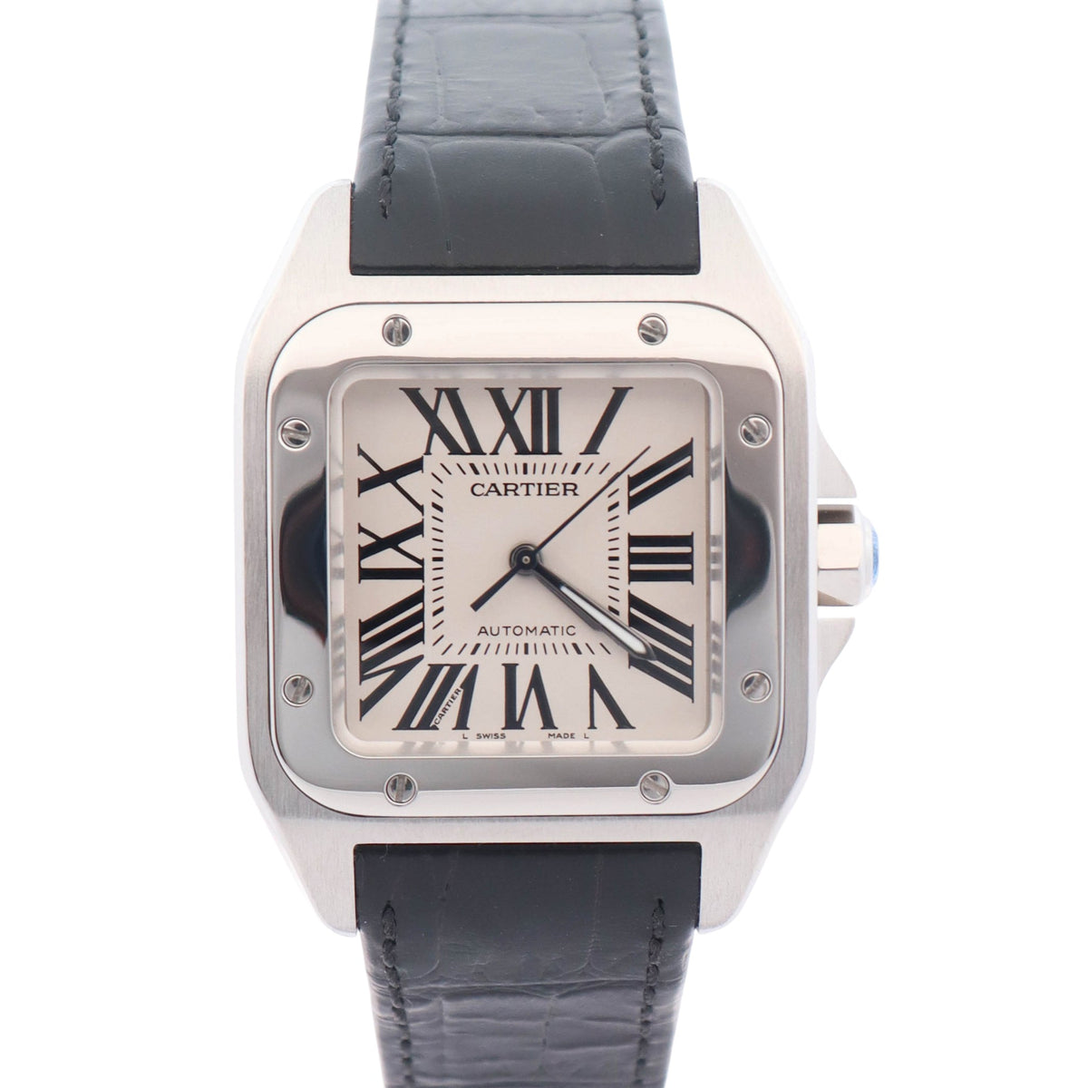 Cartier Santos 100 Medium 33x35.6mm Silver Dial Watch Ref# W20106X8