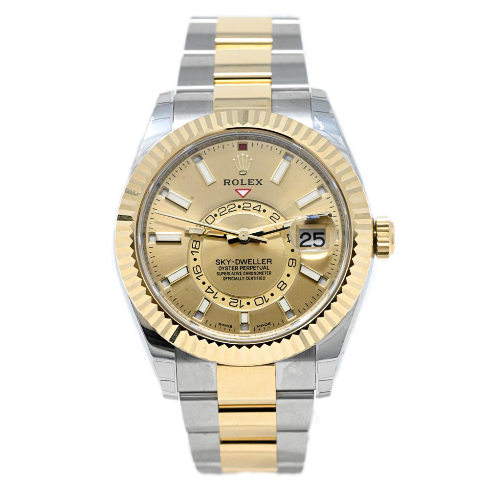 Rolex Sky-Dweller Two-Tone Stainless Steel & Yellow Gold 42mm Champagne Stick Dial Watch Reference# 326933 - Happy Jewelers Fine Jewelry Lifetime Warranty