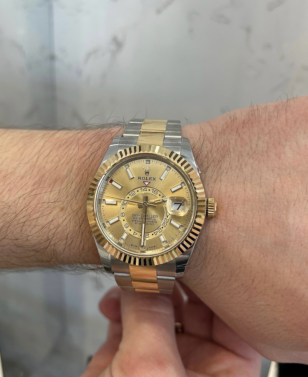 Rolex Men's Sky-Dweller 18K Yellow Gold & Steel 42mm Champagne Stick Dial Watch Reference #: 326933 - Happy Jewelers Fine Jewelry Lifetime Warranty