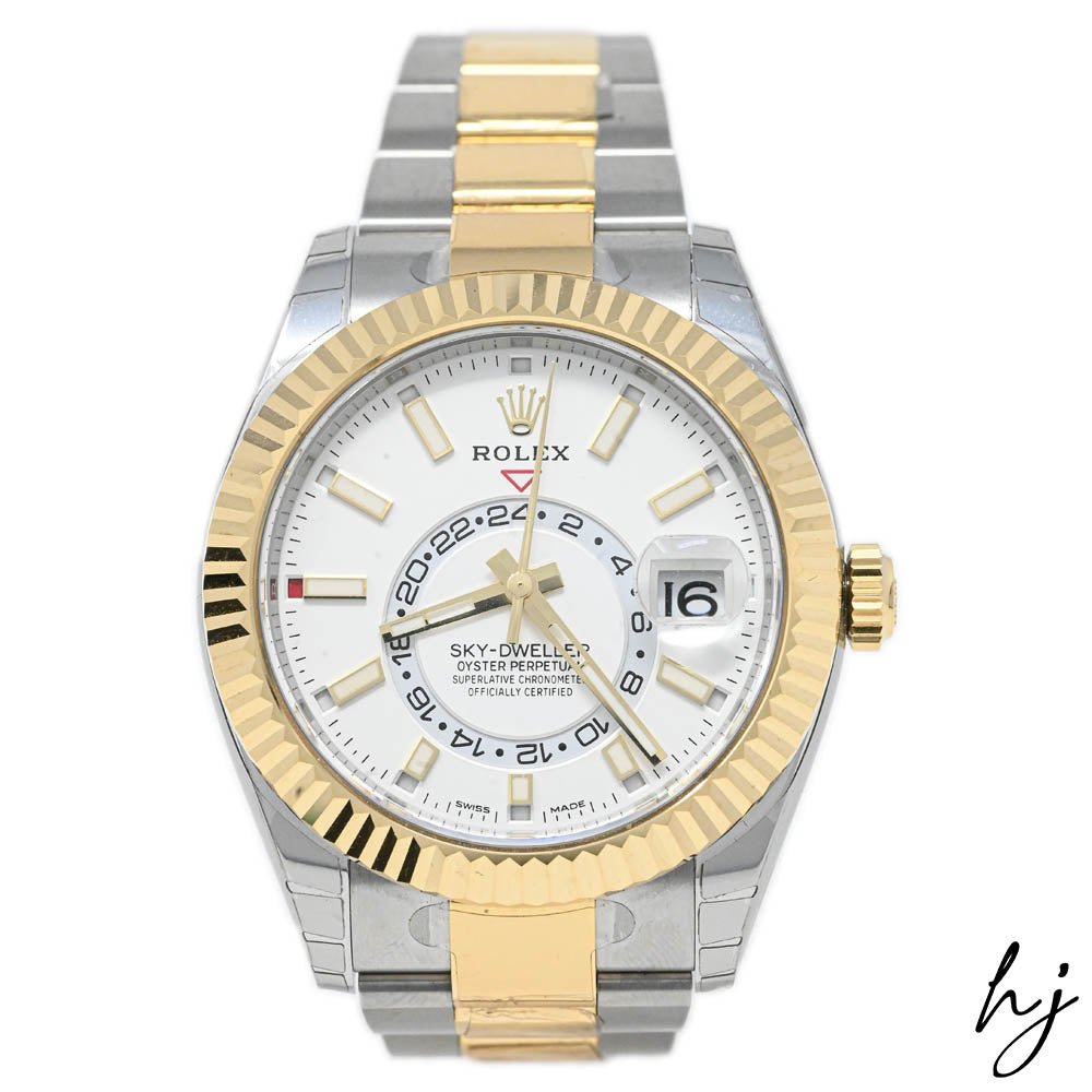 Rolex Sky-Dweller 18K Yellow Gold & Steel 42mm White Stick Dial Watch Reference #: 326933 - Happy Jewelers Fine Jewelry Lifetime Warranty