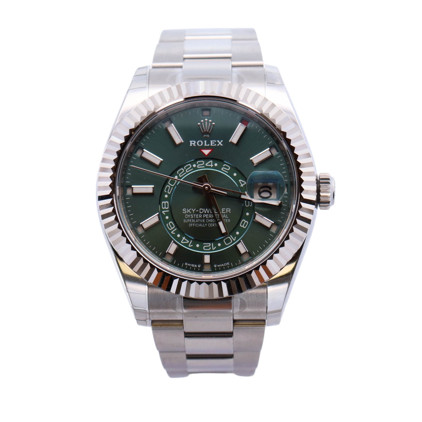 Rolex Sky-Dweller Stainless Steel 42mm Olive Stick Dial Watch Reference# 336934 - Happy Jewelers Fine Jewelry Lifetime Warranty