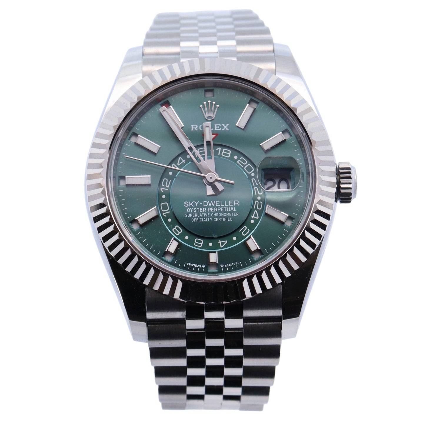 Rolex Sky-Dweller Stainless Steel 42mm Green Olive Stick Dial Watch Reference# 336934 - Happy Jewelers Fine Jewelry Lifetime Warranty