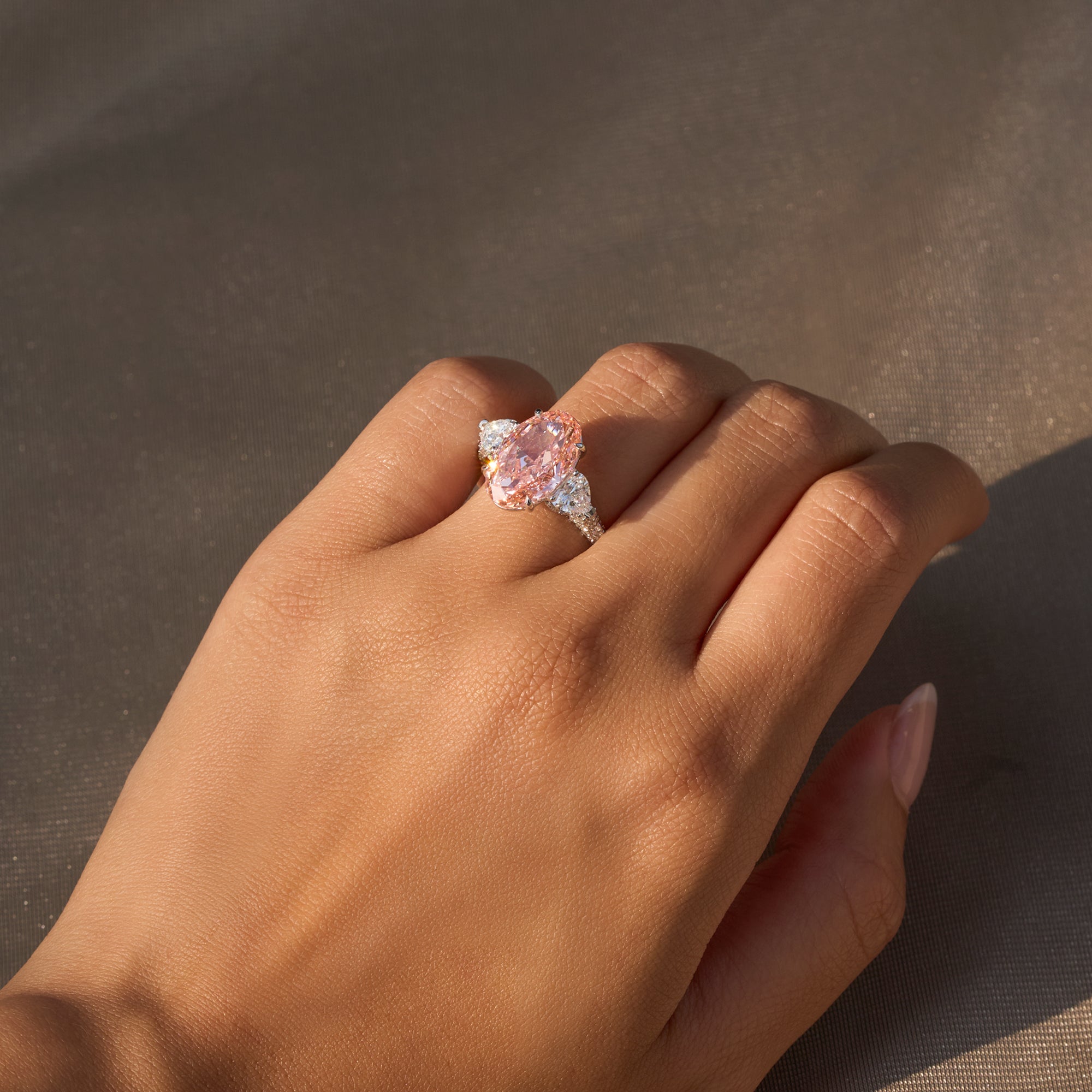 5.08ct Pink Lab Oval Diamond 3 Stone 3/4 Pave Engagement RIng