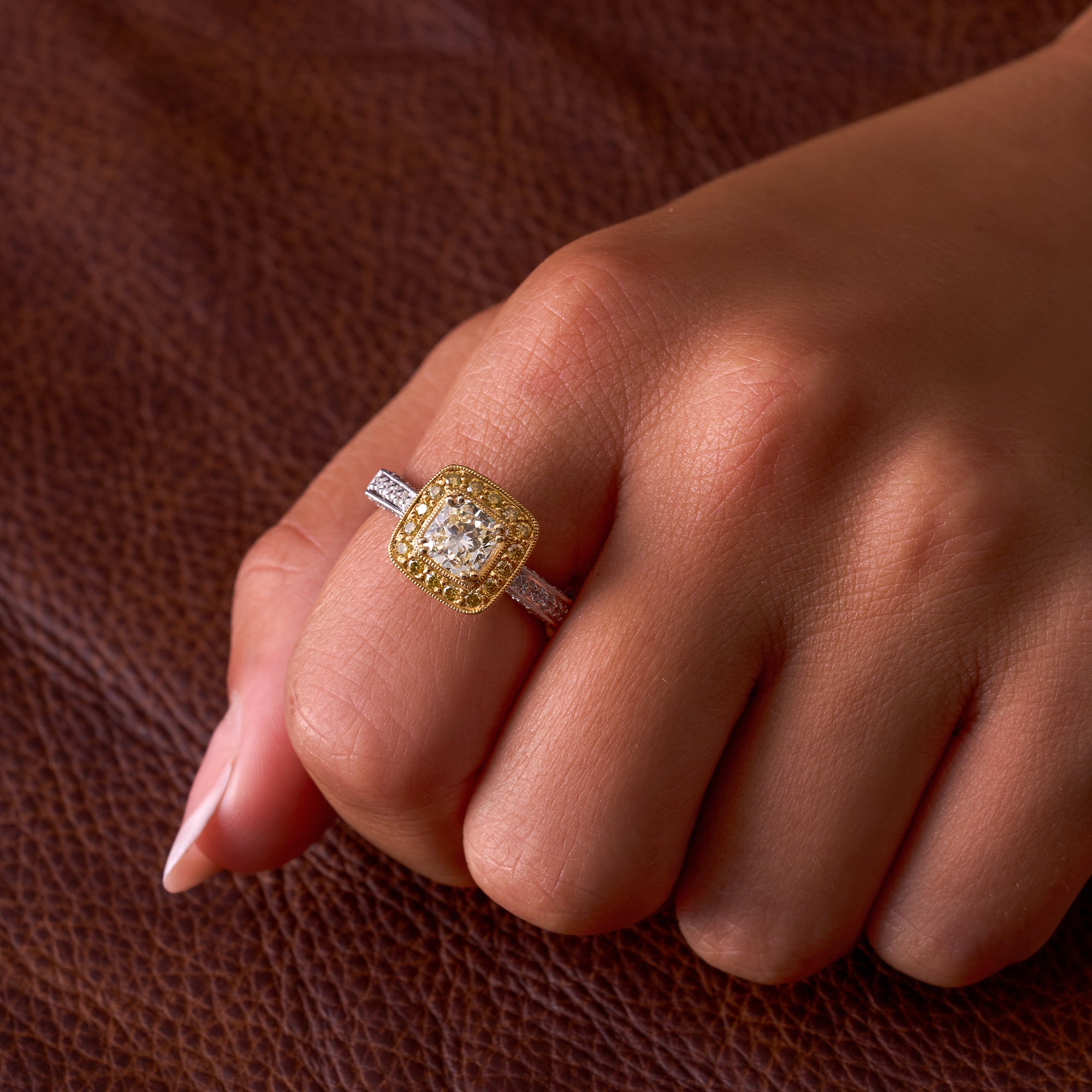 Two Tone Round Diamond with Radiant Cut Fancy Yellow Center Ring