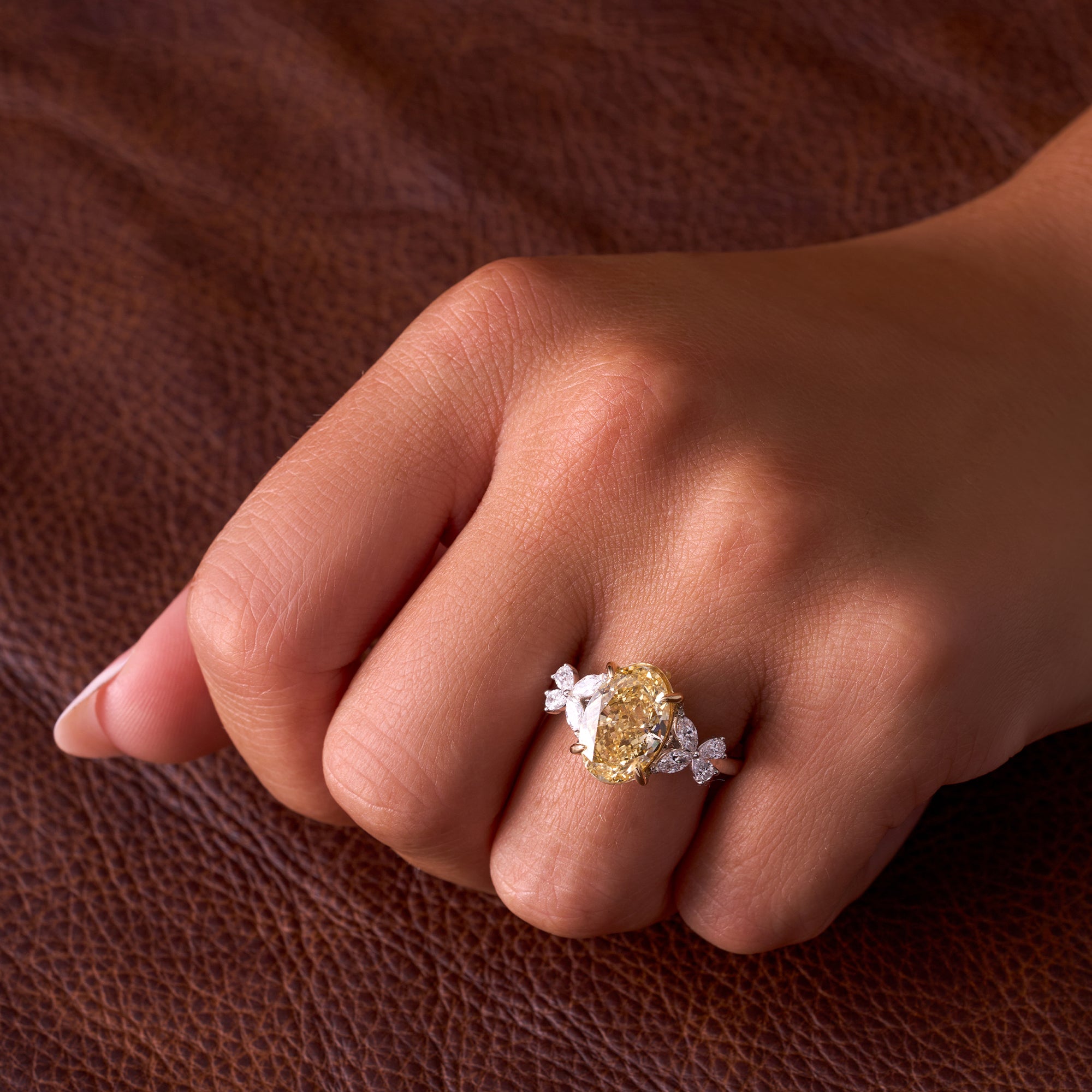 Labgrown Oval Cathedral with Butterfly Side Stones Engagement Ring