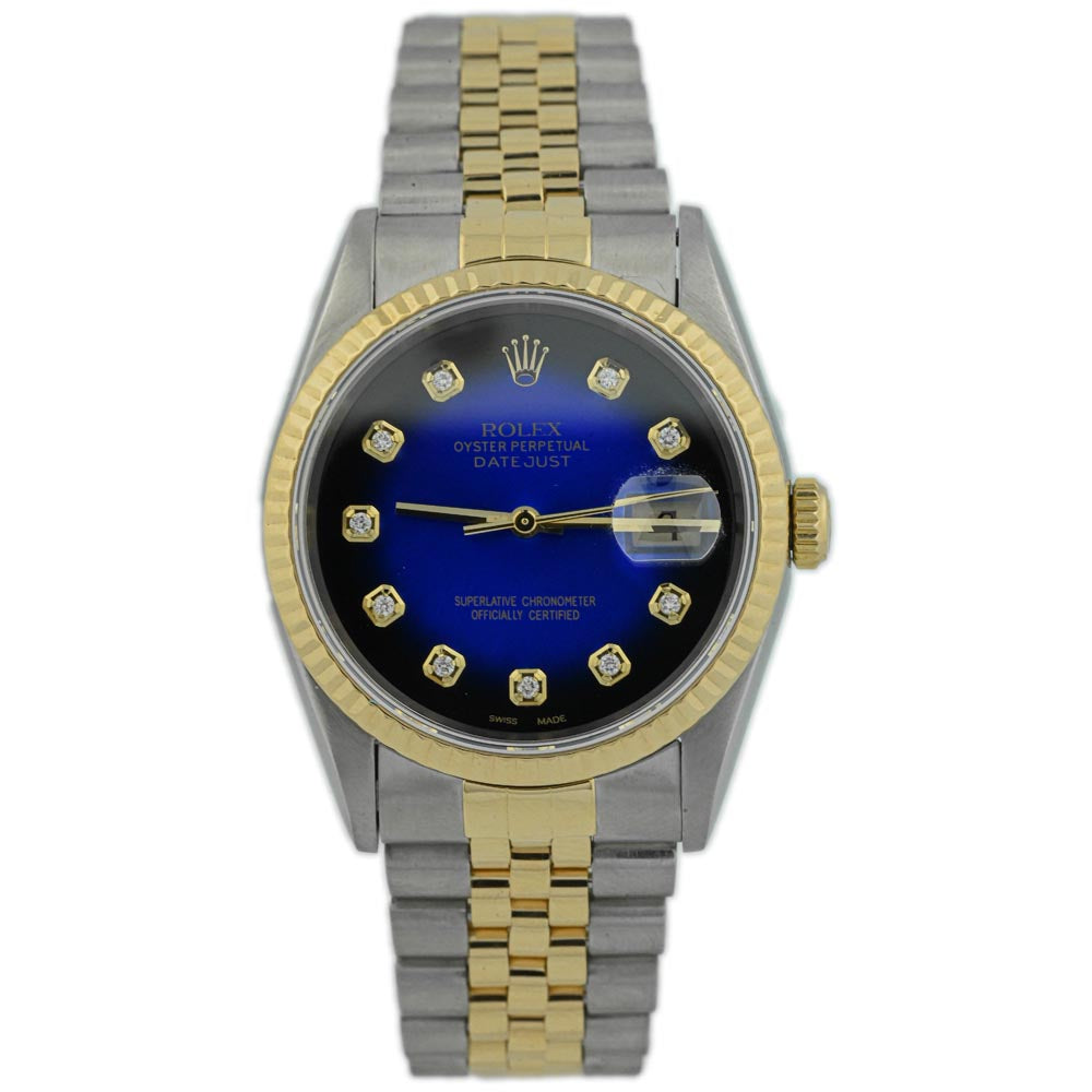 Rolex Datejust Two Tone Yellow Gold & Steel 36mm Blue Diamond Dial Watch Reference #: 16233