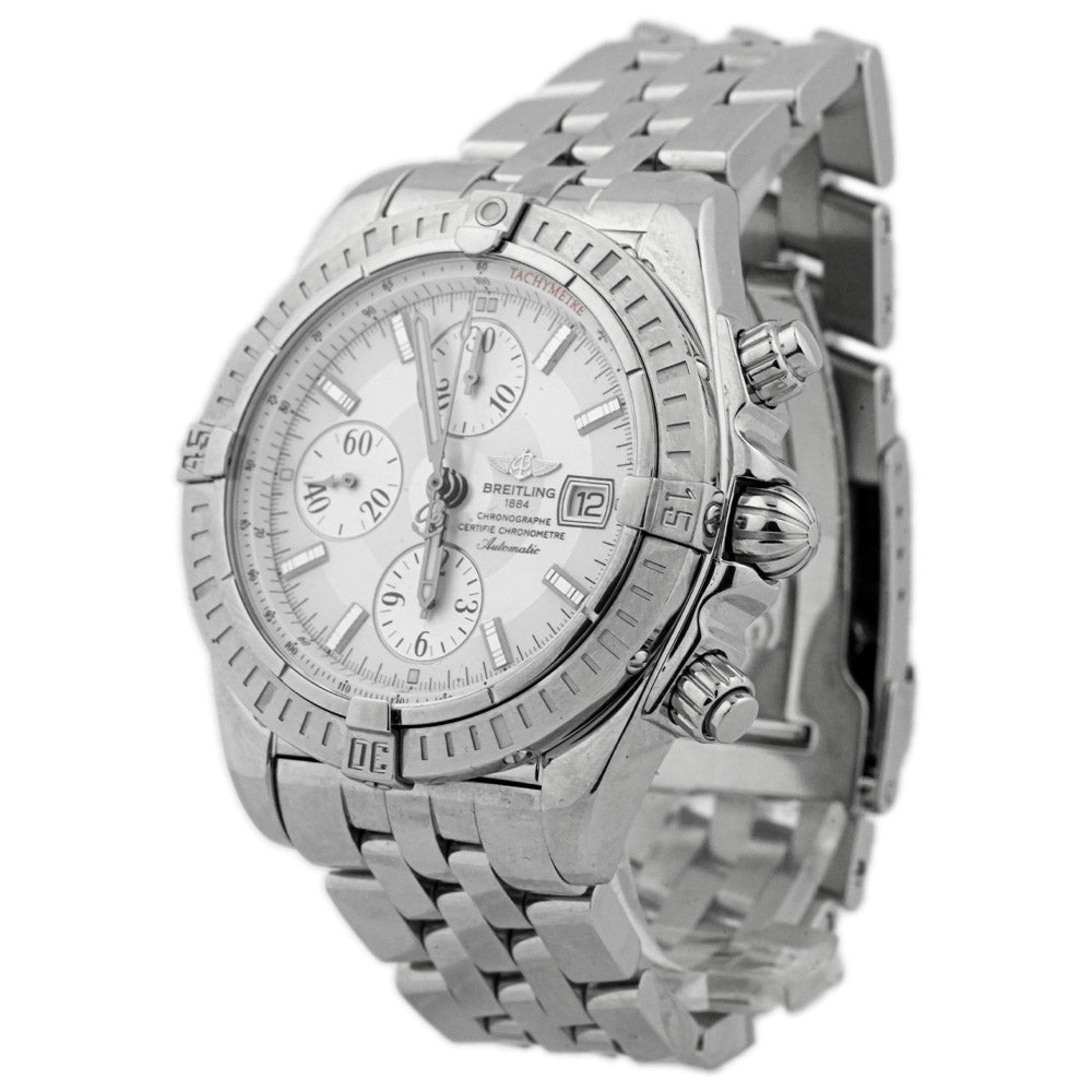 Breitling Men's Chronomat Evolution Stainless Steel 44mm Silver Stick Chronograph Dial Watch Reference #: A13356 - Happy Jewelers Fine Jewelry Lifetime Warranty