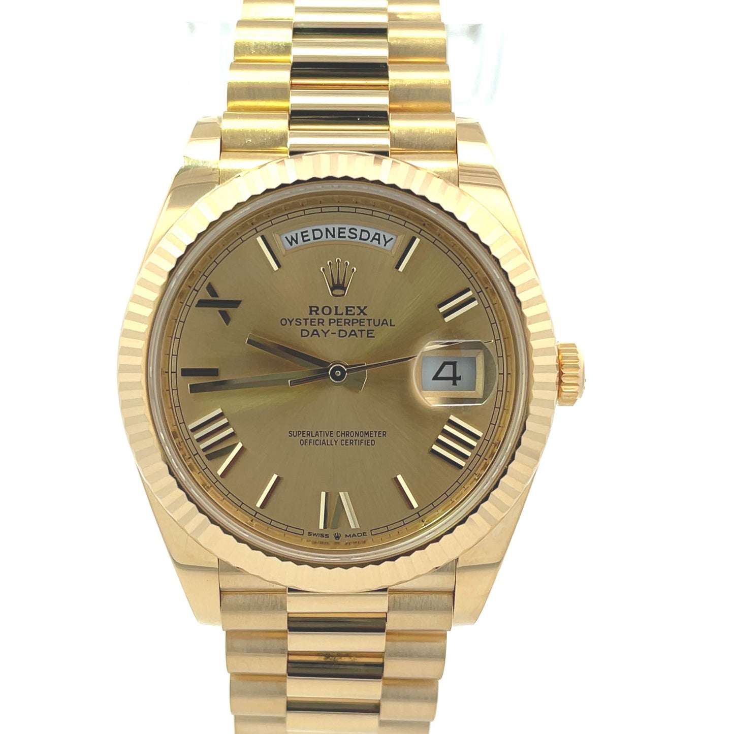 Rolex Men's Day-Date 18K Yellow Gold 40mm Champagne Roman Dial Watch Reference#: 228238 - Happy Jewelers Fine Jewelry Lifetime Warranty