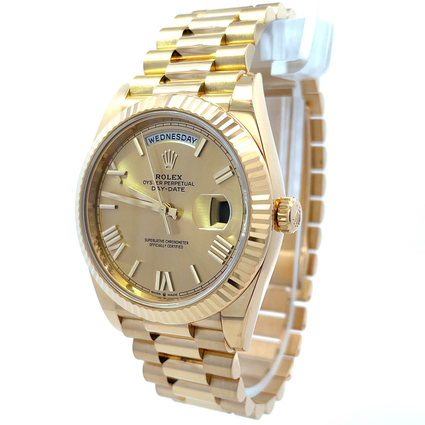 Rolex Men's Day-Date 18K Yellow Gold 40mm Champagne Roman Dial Watch Reference#: 228238 - Happy Jewelers Fine Jewelry Lifetime Warranty