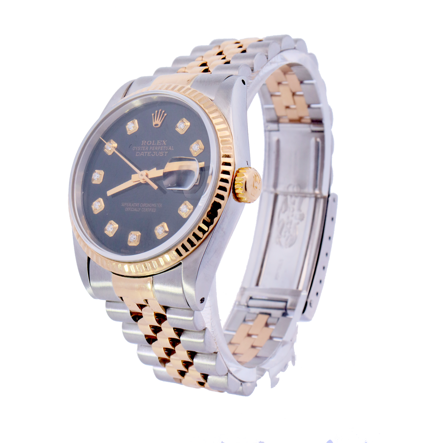Rolex Datejust Two Tone Yellow Gold & Stainless Steel 36mm Black Diamond Dial Watch | Ref# 16233 - Happy Jewelers Fine Jewelry Lifetime Warranty