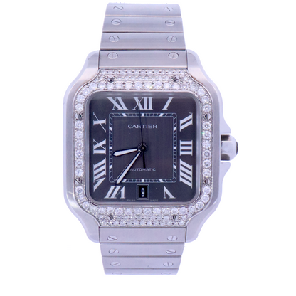 Cartier Santos Stainless Steel 42mm Iced Out Bezel Grey Dial Watch | Ref# WSSA0037 - Happy Jewelers Fine Jewelry Lifetime Warranty