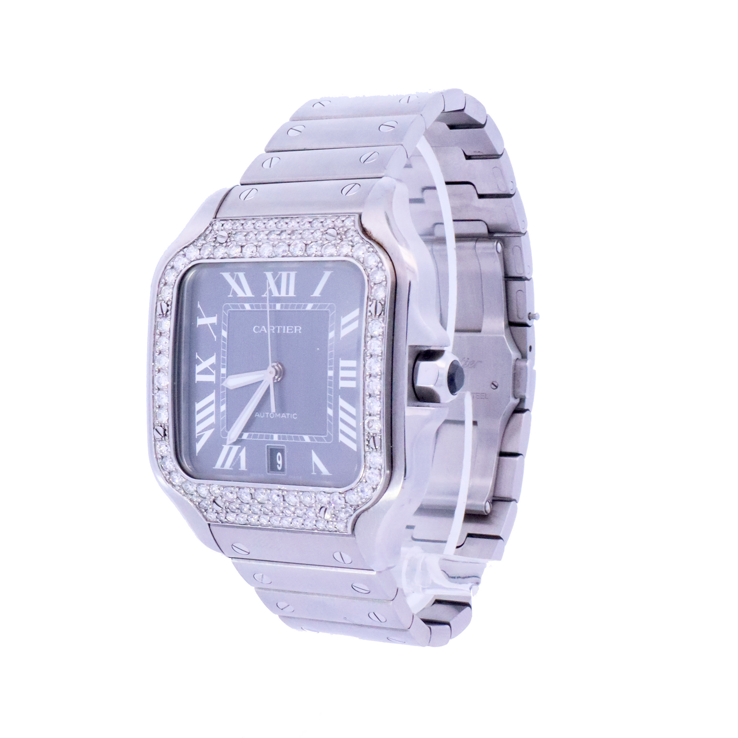 Cartier Santos Stainless Steel 42mm Iced Out Bezel Grey Dial Watch | Ref# WSSA0037 - Happy Jewelers Fine Jewelry Lifetime Warranty