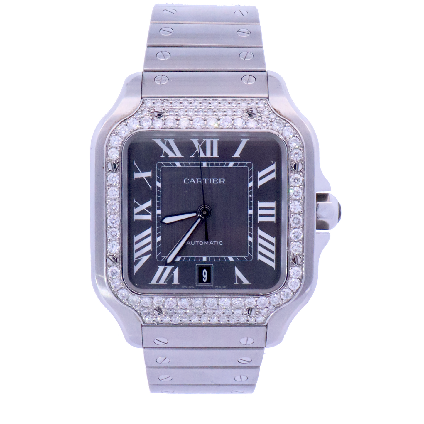 Cartier Santos Stainless Steel 42mm Iced Out Bezel Grey Dial Watch | Ref# WSSA0037 - Happy Jewelers Fine Jewelry Lifetime Warranty