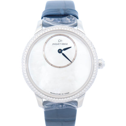 Jaquet Droz Petite Heure Minute 35mm White MOP Dial Watch Ref# J005000274 - Happy Jewelers Fine Jewelry Lifetime Warranty