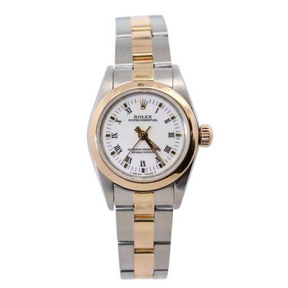 Rolex Oyster Perpetual 24mm Yellow Gold & Stainless Steel White Roman Dial Watch Reference# 67183 - Happy Jewelers Fine Jewelry Lifetime Warranty