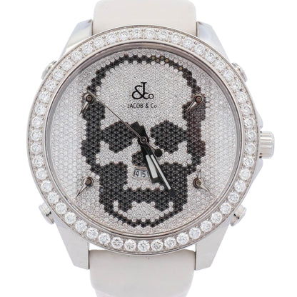 Jacob Co. Black Band Five Time Zone 40mm Diamond Skull Dial Watch Ref# JCM-SKULL - Happy Jewelers Fine Jewelry Lifetime Warranty