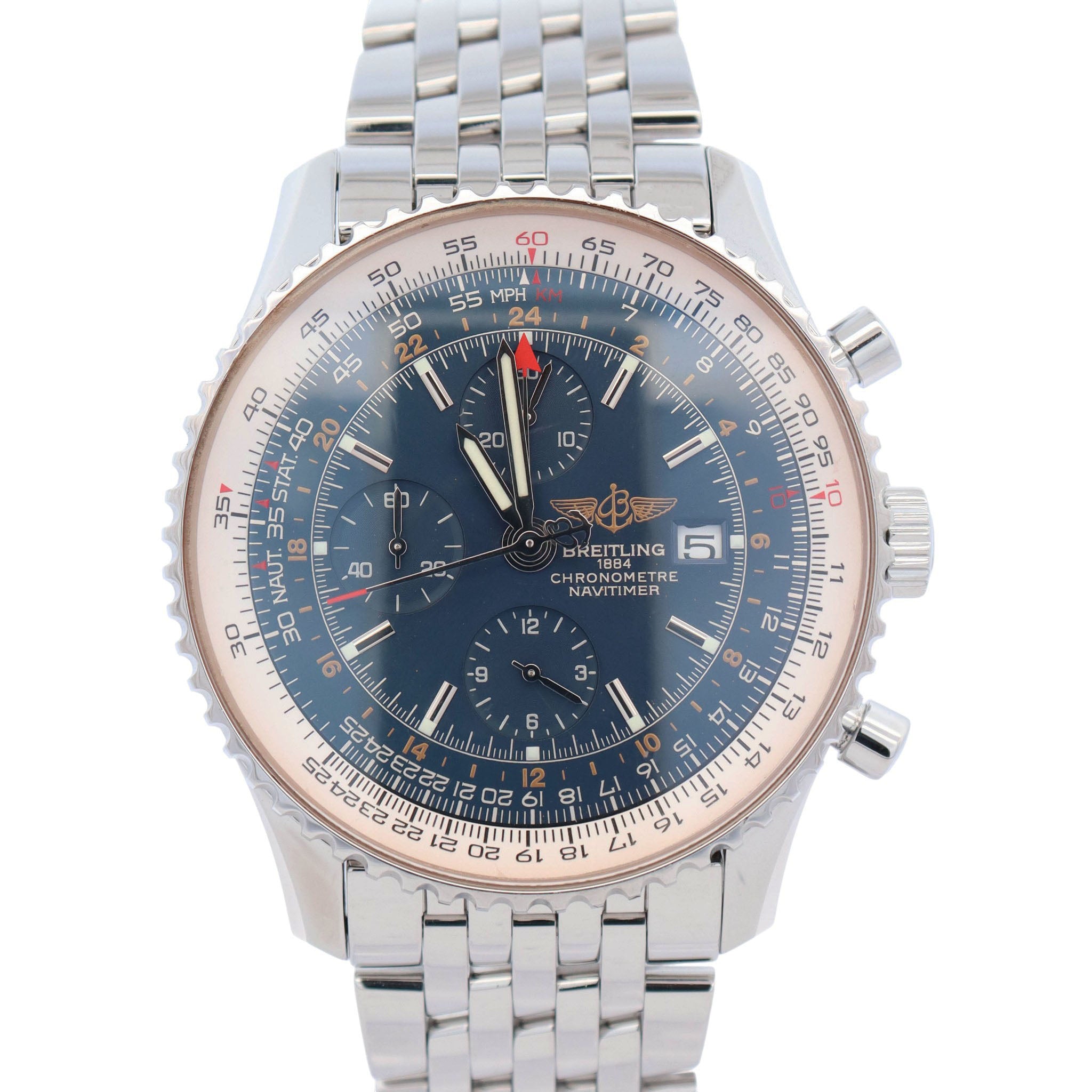Breitling Navitimer World 46mm Blue Chonograph Dial Watch Ref# A24322 - Happy Jewelers Fine Jewelry Lifetime Warranty