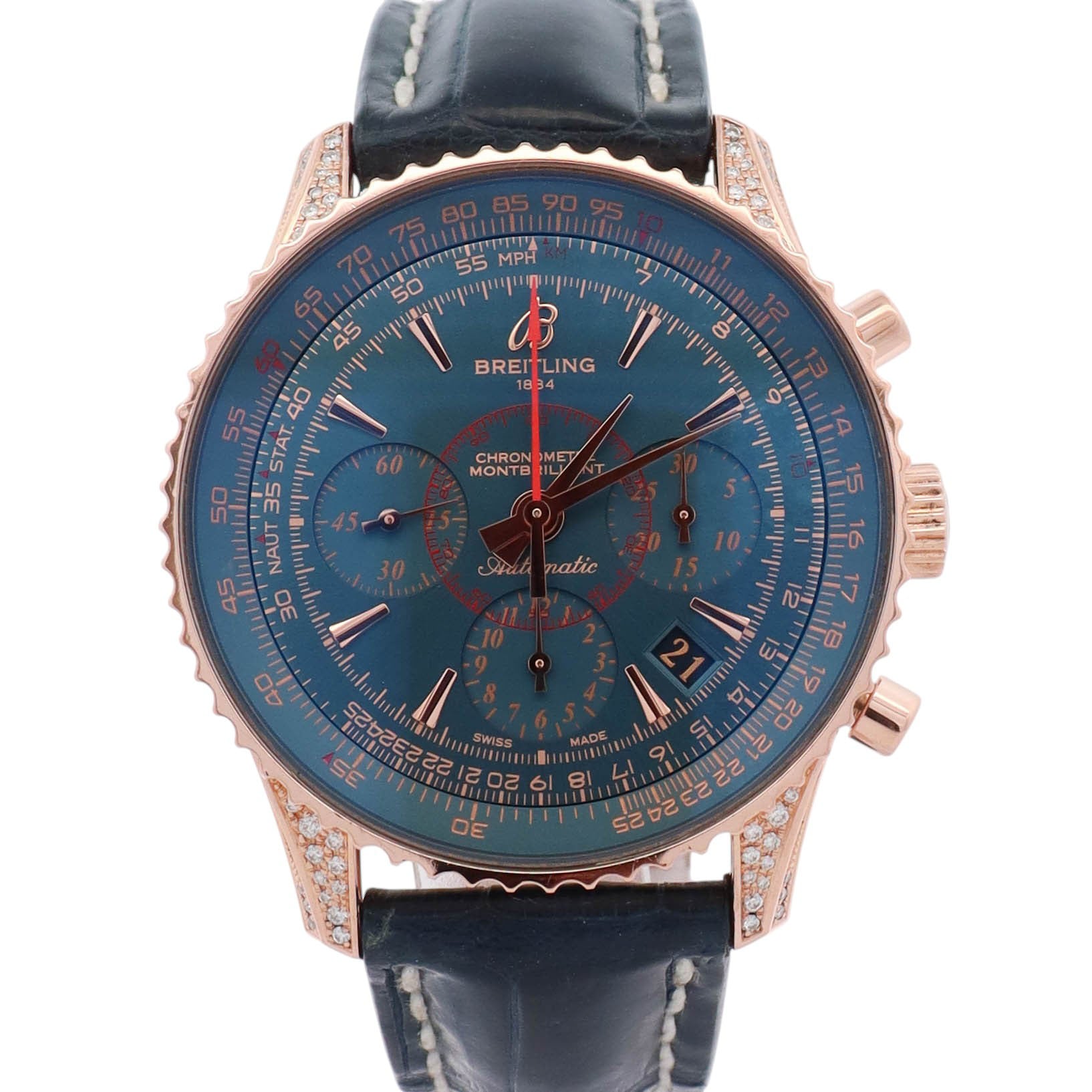 Breitling Montbrilliant 40mm Rose Gold Blue Chronograph Dial Watch Ref# RB0130