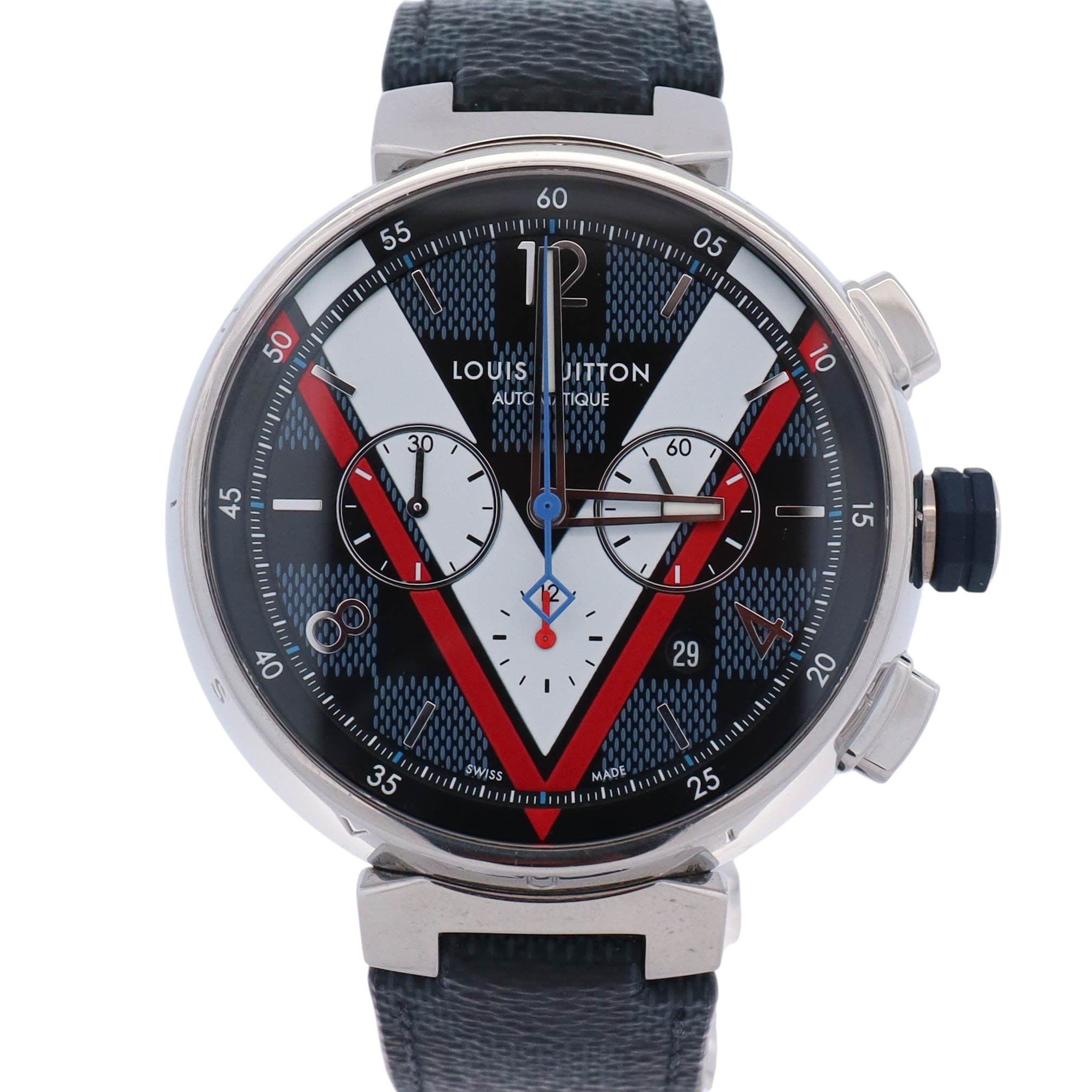 Louis Vuitton Tambour 46mm Blue/Black/White/Red Dial Watch Ref# QA076 - Happy Jewelers Fine Jewelry Lifetime Warranty