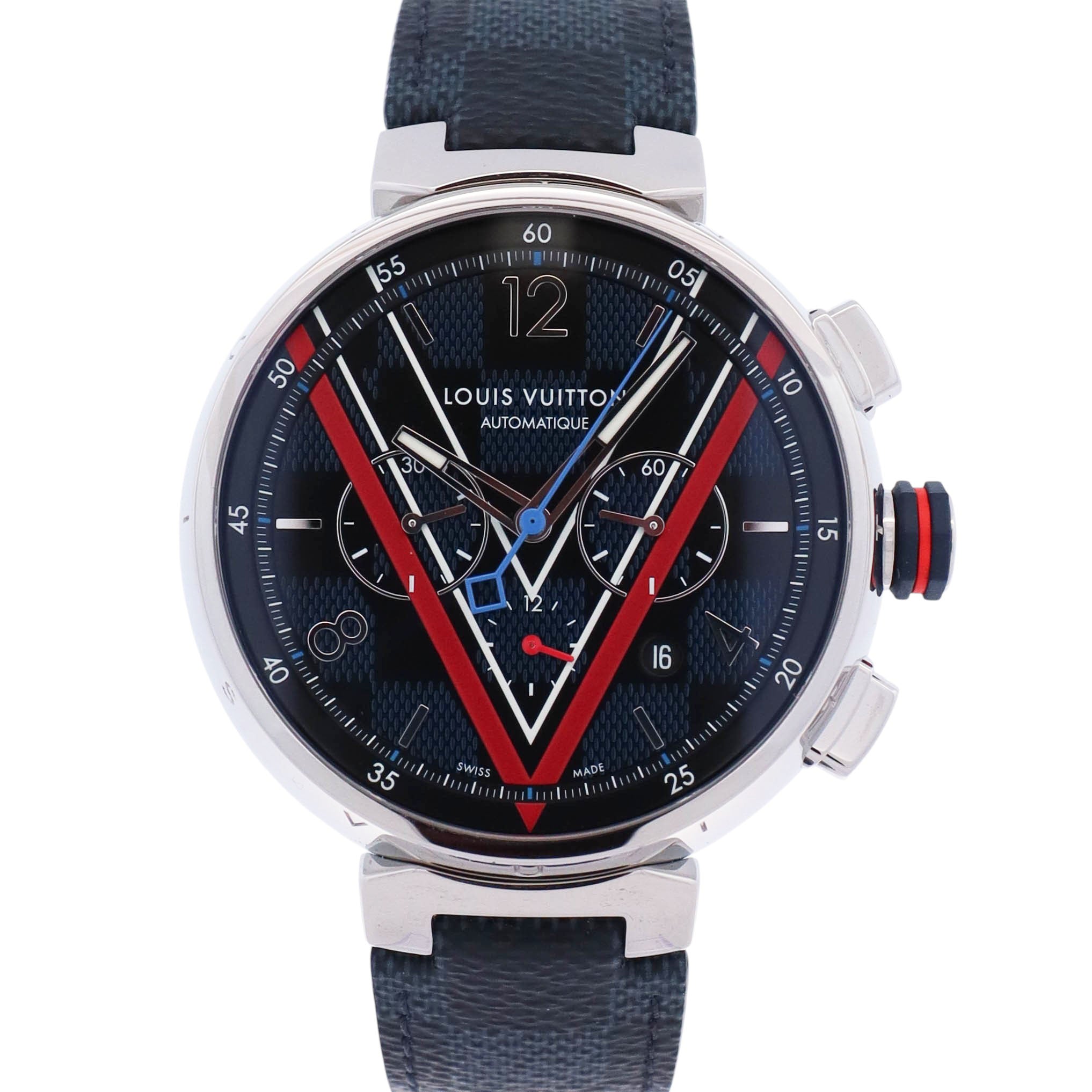Louis Vuitton Tambour 46mm Black Blue  Dial Watch Ref # QA163Z - Happy Jewelers Fine Jewelry Lifetime Warranty