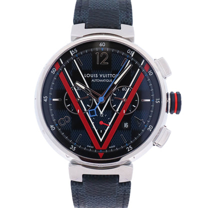 Louis Vuitton Tambour 46mm Black Blue  Dial Watch Ref # QA163Z - Happy Jewelers Fine Jewelry Lifetime Warranty