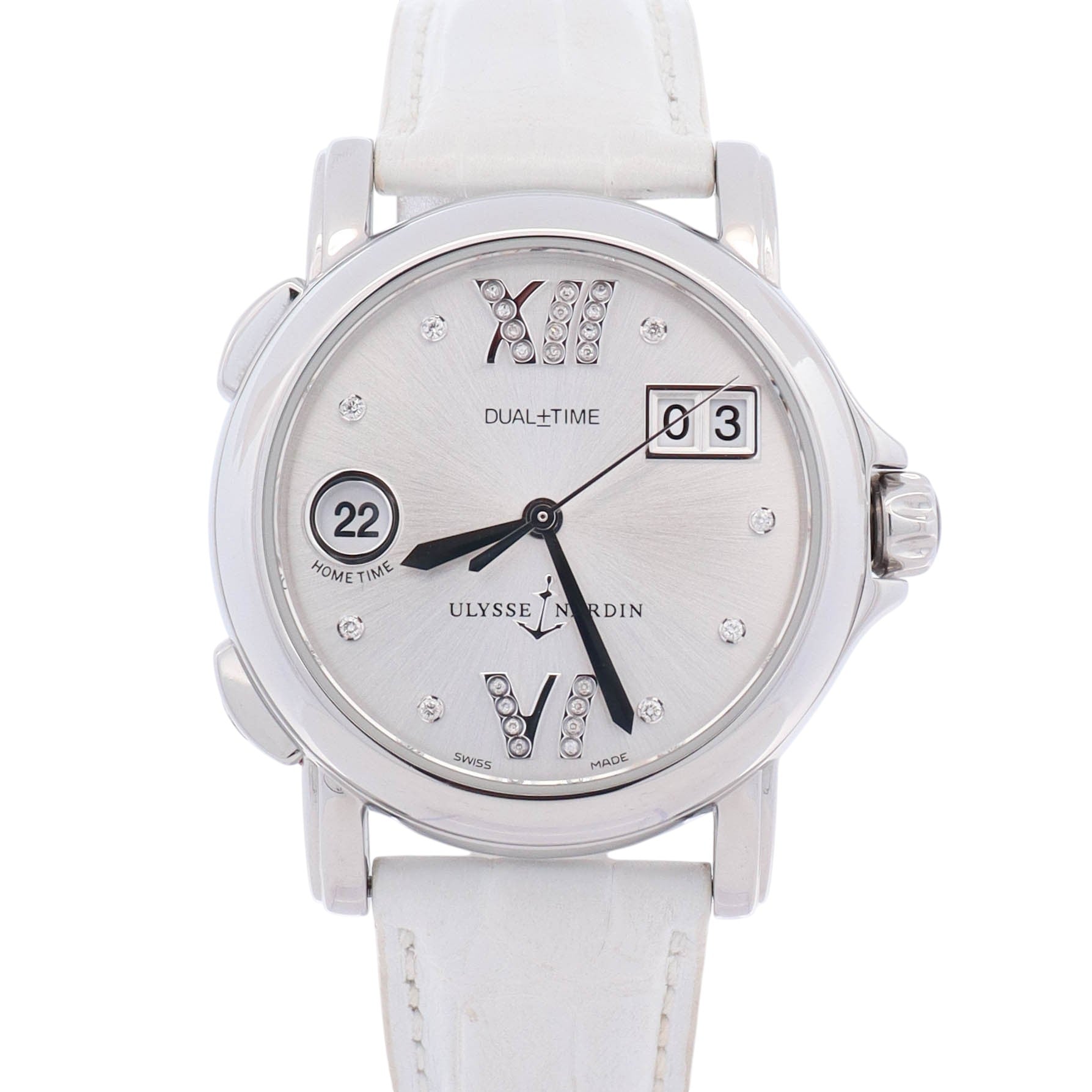 Ulysse Nardin GMT Big Date Dual Time 37mm Silver Diamond Dial Watch Ref# 243-22/391