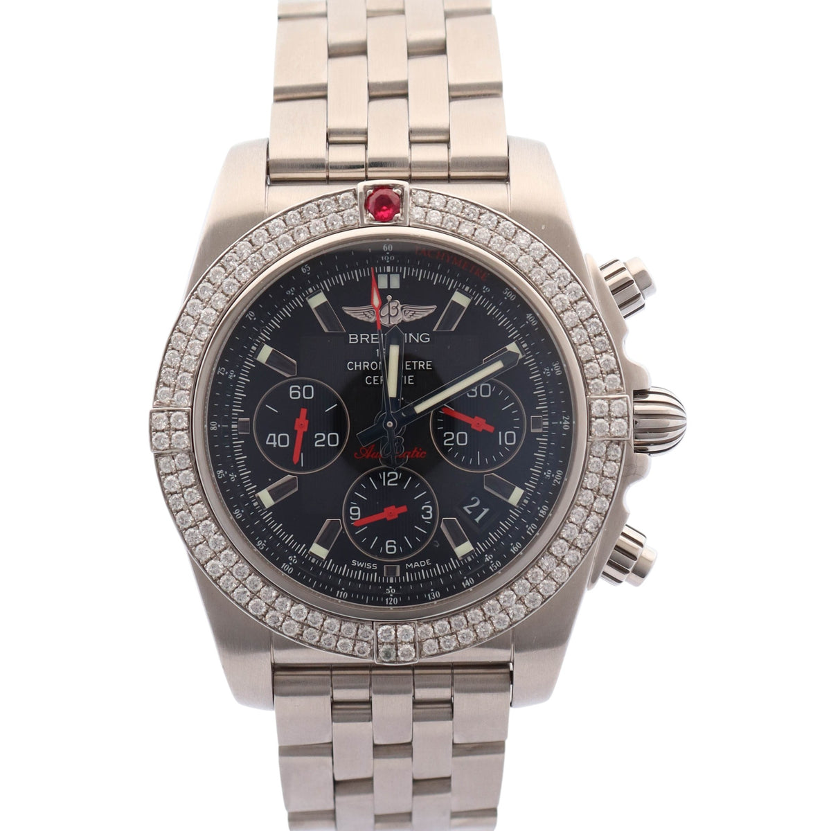 Breitling Chronomat 01 Steel 43.5mm Black Chronograph dial Watch Custom Diamond Bezel Steel Bracelet Ref# AB011110/BA50