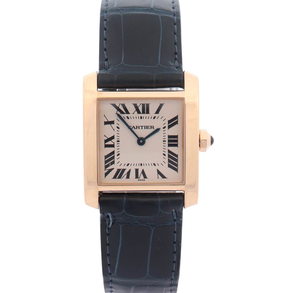 Cartier Tank Francaise Yellow Gold 25mm x 30mm Ivory Roman Dial Watch Yellow Gold Bezel Blue Leather Strap