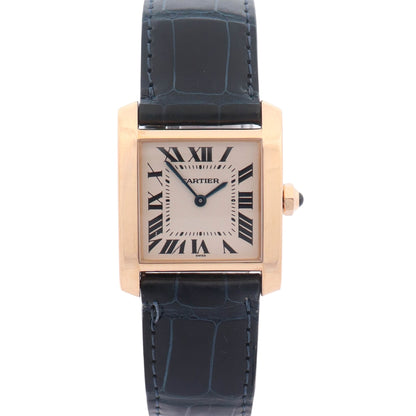 Cartier Tank Francaise Yellow Gold 25mm x 30mm Ivory Roman Dial Watch Yellow Gold Bezel Blue Leather Strap
