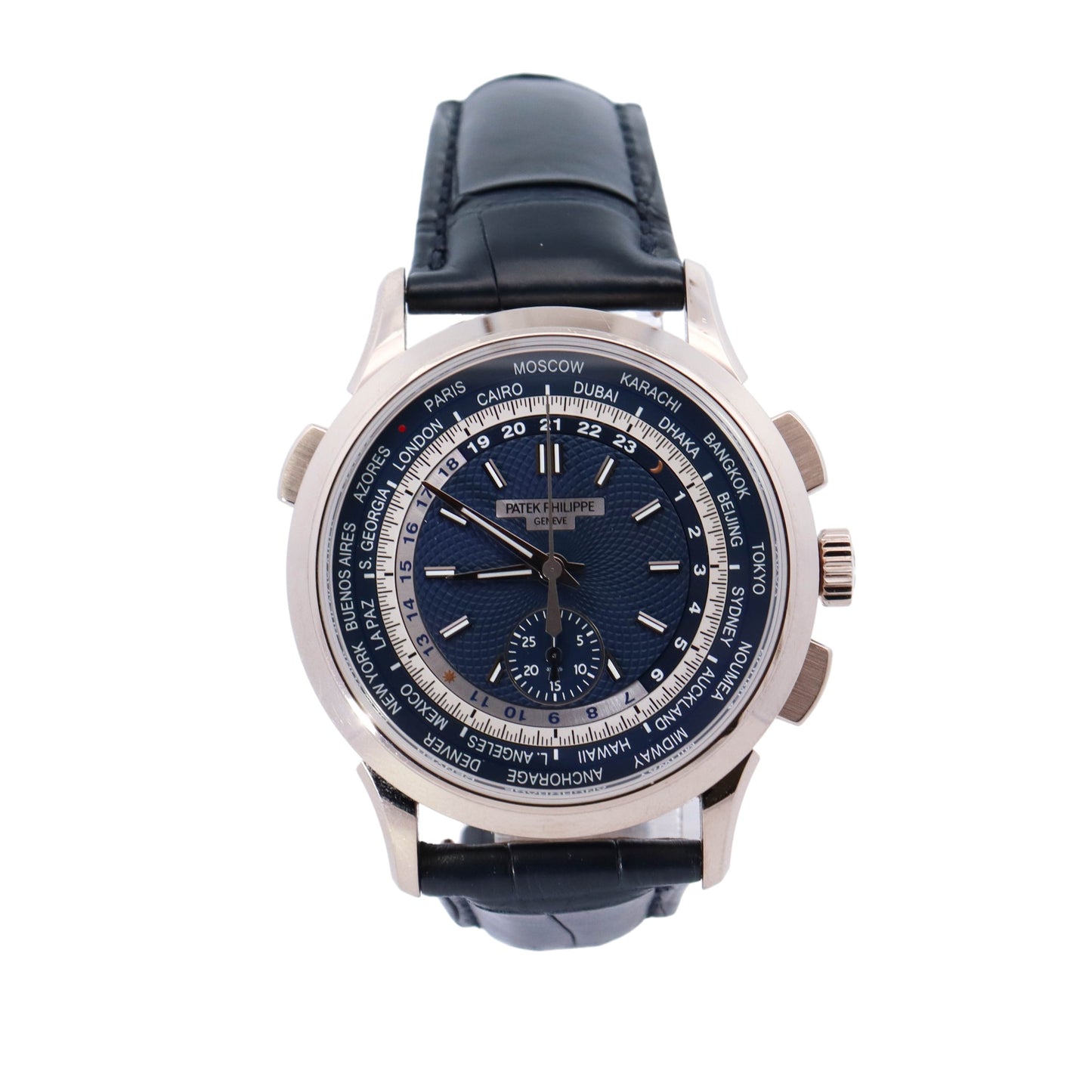 Patek Philippe World Time Chronograph 39.5mm Blue Stick Dial Watch Reference# 5930G-010