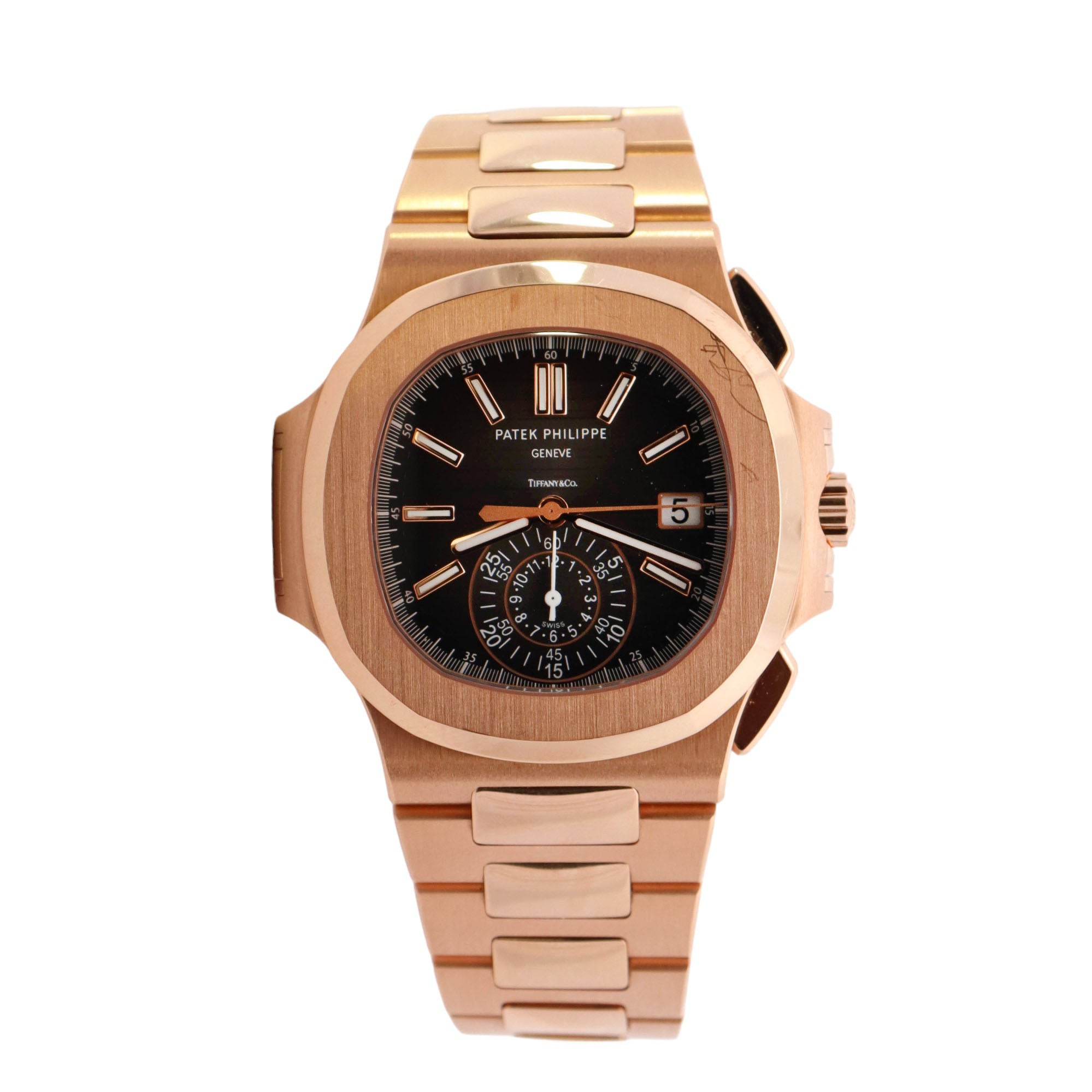 Patek Philippe Nautilus Tiffany & Co. Stamped Rose Gold 40mm Grey Annual Calendar Stick Dial Watch Ref #5980/1R-001 - Happy Jewelers Fine Jewelry Lifetime Warranty