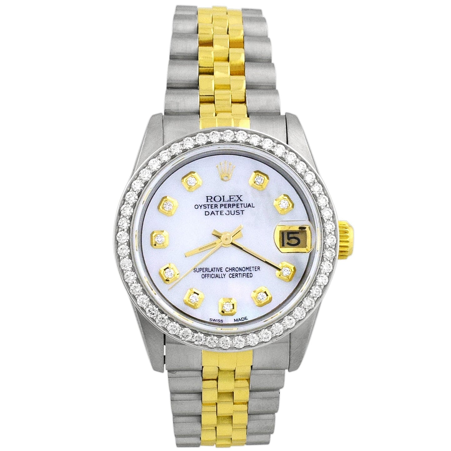 Rolex Ladies Datejust Yellow Gold & Stainless Steel 31mm Custom White MOP Diamond Dial Watch Reference# 68273 - Happy Jewelers Fine Jewelry Lifetime Warranty