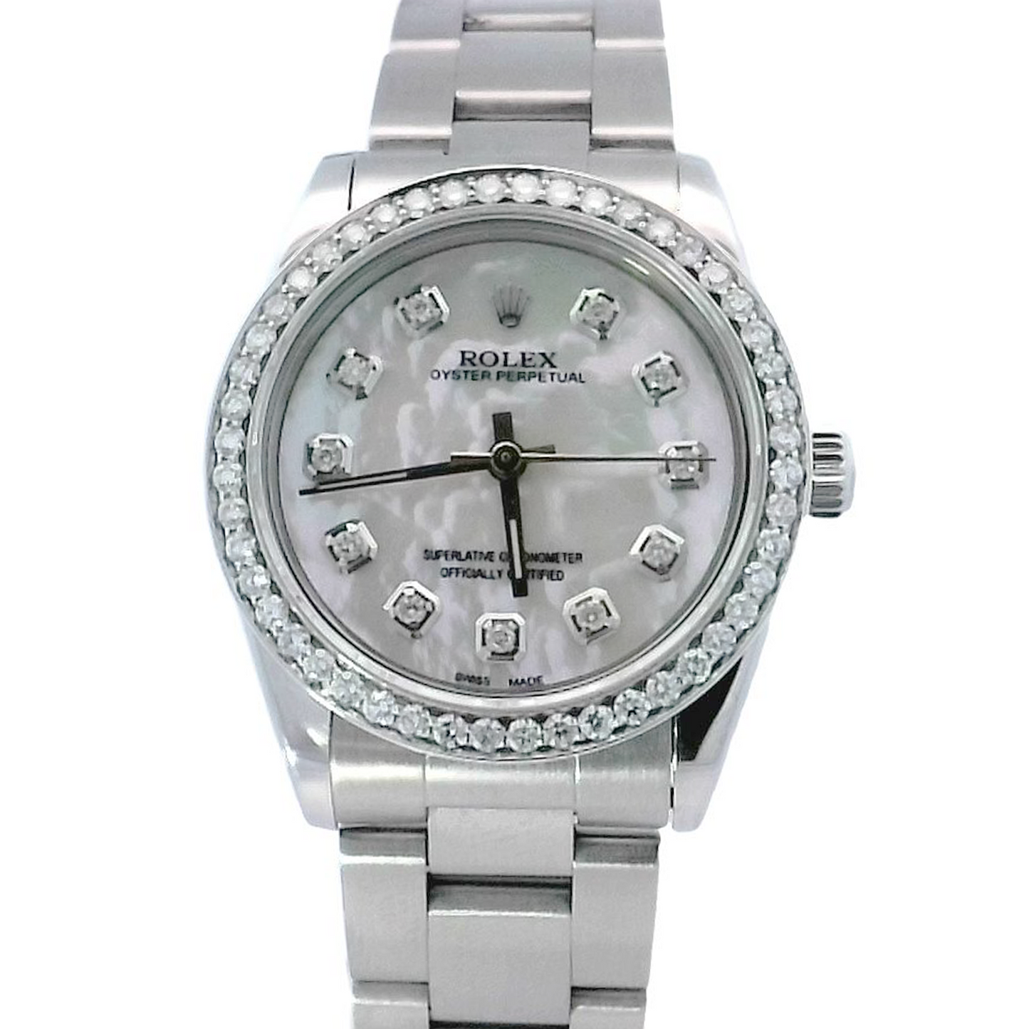 Rolex Oyster Perpetual Stainless Steel 31mm Custom White MOP Diamond Dial Watch | Ref# 64780 - Happy Jewelers Fine Jewelry Lifetime Warranty