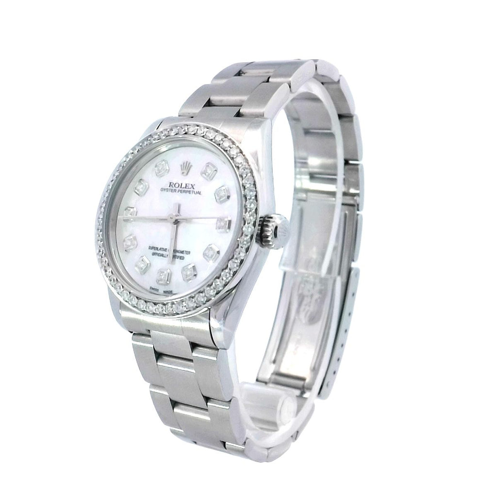 Rolex Oyster Perpetual Stainless Steel 31mm Custom White MOP Diamond Dial Watch | Ref# 77080 - Happy Jewelers Fine Jewelry Lifetime Warranty