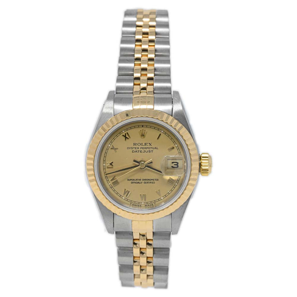 Rolex Datejust Two Tone Stainless Steel Yellow Gold 26mm Champagne Roman Dial Watch Reference #: 79173 - Happy Jewelers Fine Jewelry Lifetime Warranty