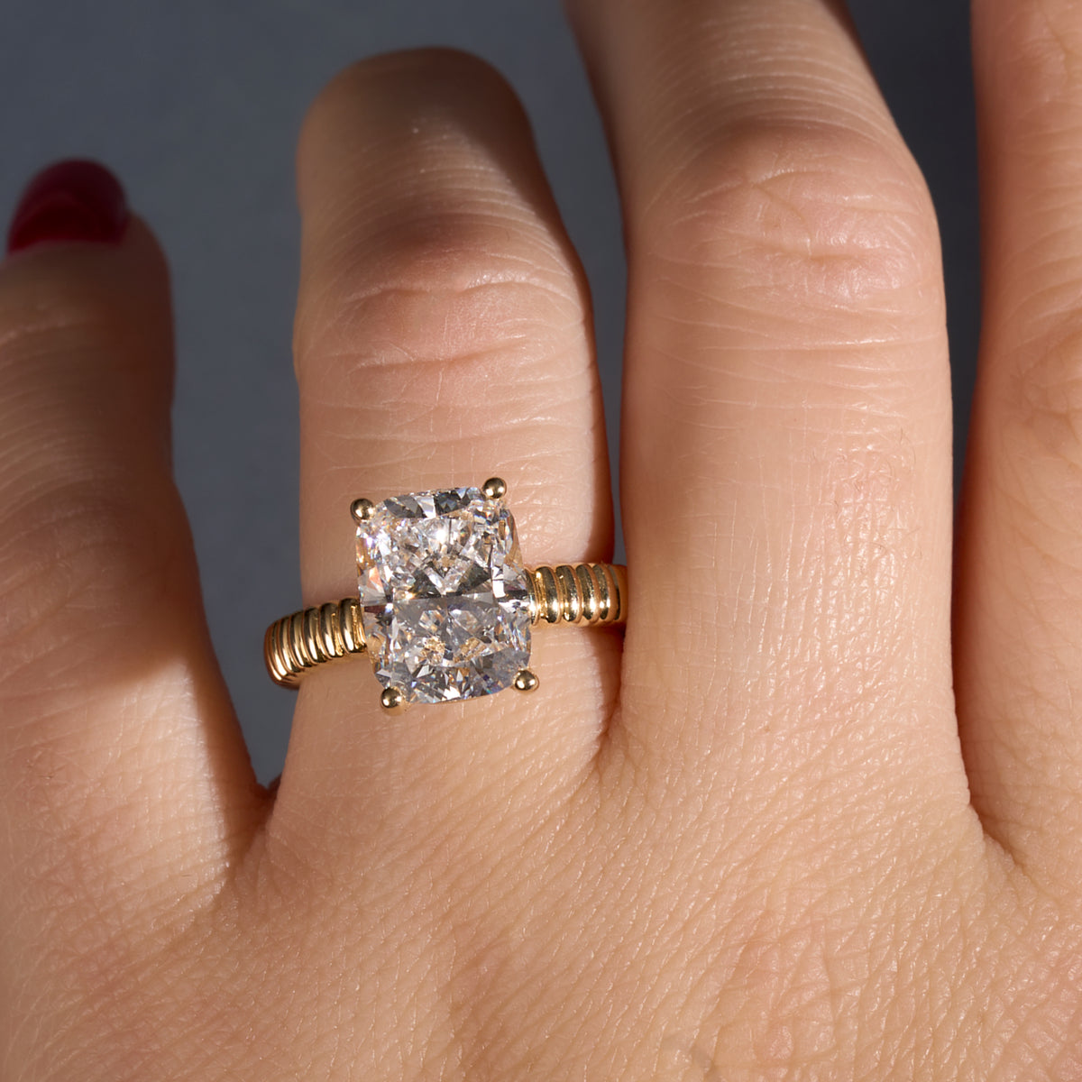 5.01 Cushion Lab Diamond Engagement Ring with Ribbed Solitaire Band